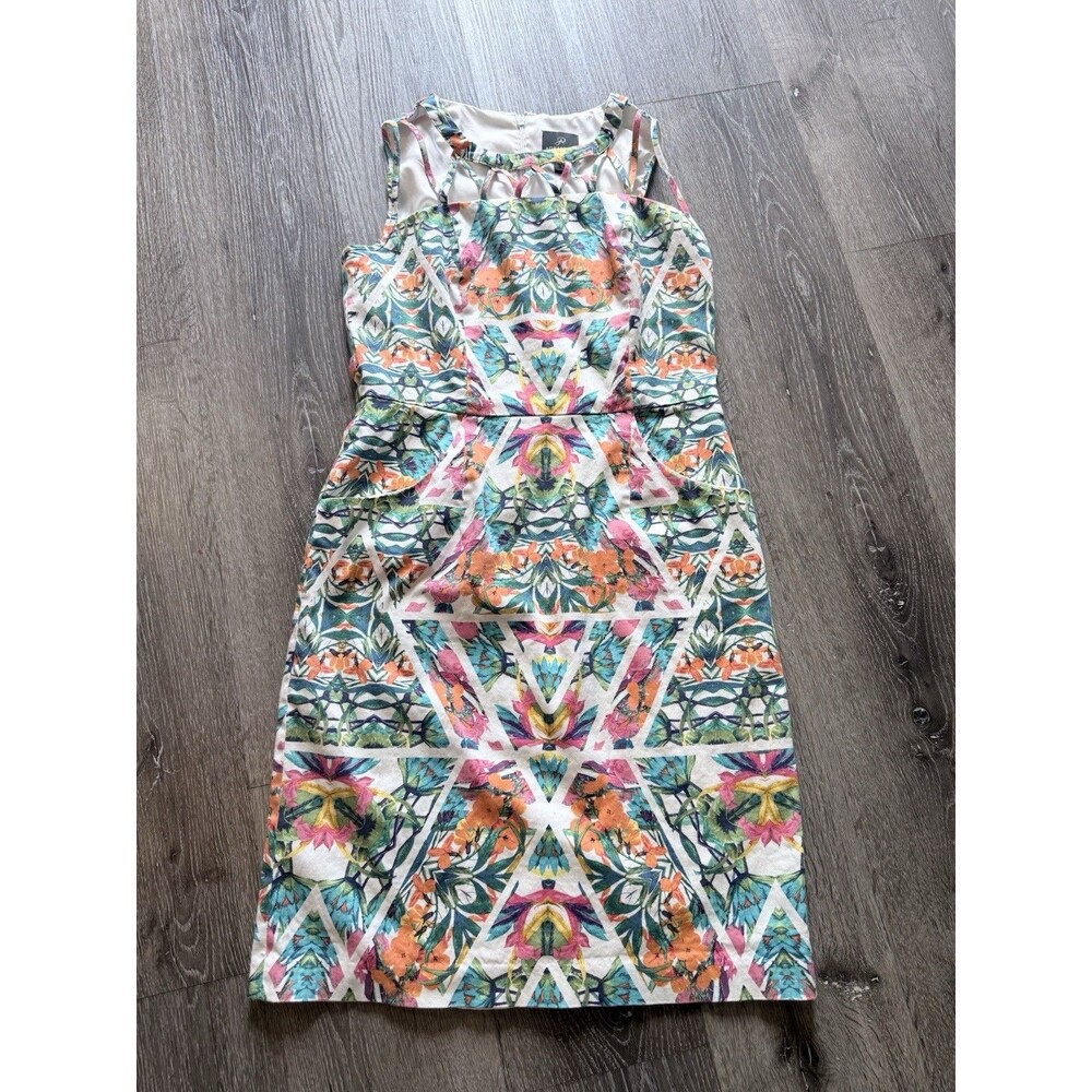 Adrianna Papell Blue Pink Caged Yoke Floral Kaleidoscope Print Sheath Dress 10 - Picture 2 of 12